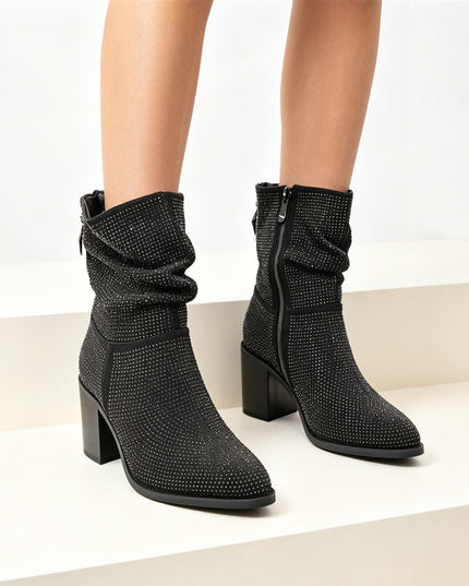 Botine de damă ,cu strasuri și toc gros,BD1021,Negre