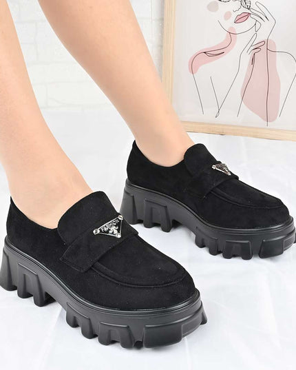 Pantofi casual de dama cu platforma, din piele ecologica intoarsa, P1303 - Negru