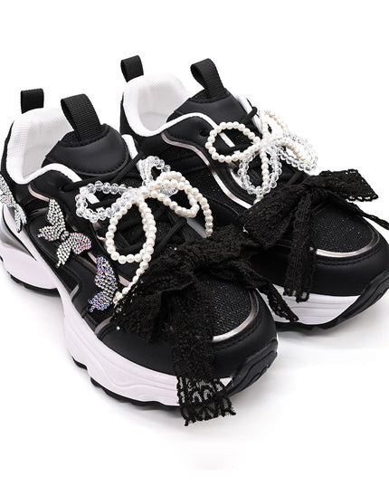 Pantofi sport De dama cu inseretii din plasa, cu Funda din perle, D1400 - Negru