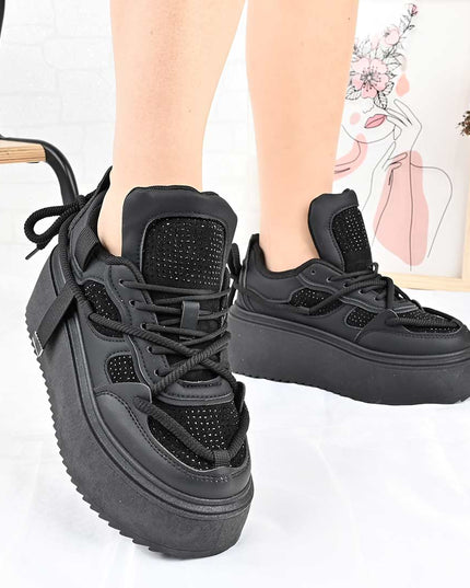 Pantofi Sport De Dama din Piele ecologica cu Strasui, D1500 - Negru