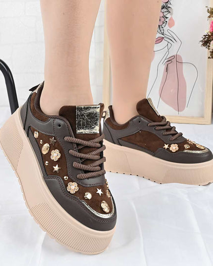Pantofi Sport De Dama din Piele Ecologica, cu Platforma, D1496 - Maro