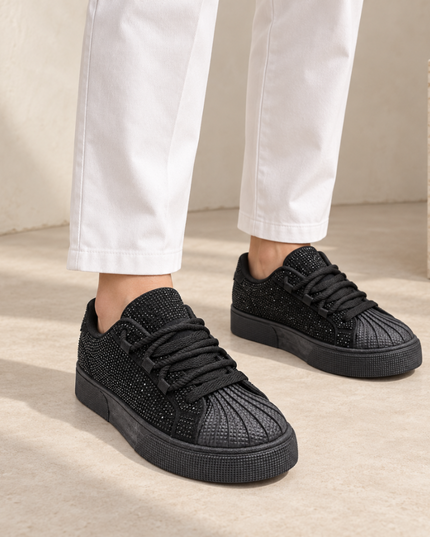 Pantofi Sport De dama,Din piele ecologica intoarsa,Cu Strasuri,D1395,Negru