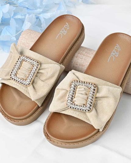 Papuci Casual De Dama din piele intoarsa ecologica, PD1091 - Bej