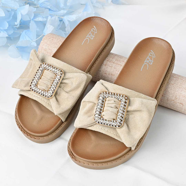 Papuci Casual De Dama din piele intoarsa ecologica, PD1091 - Bej