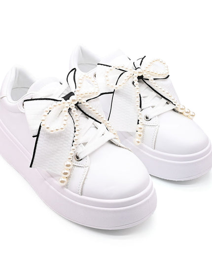 Pantofi Sport De Dama,Din piele Ecologica,Cu Fundita perle,D1367,Alb