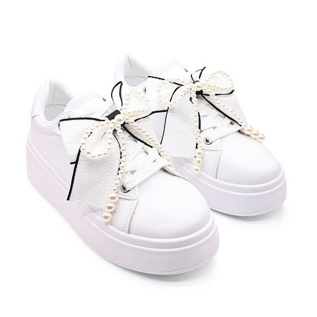 Pantofi Sport De Dama,Din piele Ecologica,Cu Fundita perle,D1367,Alb