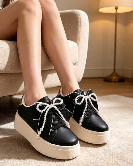 Pantofi Sport De Dama,Din piele Ecologica,Cu Fundita perle,D1367,Negru