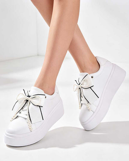 Pantofi sport pentru damă D1367, albi, din piele ecologică, cu fundiță și perle