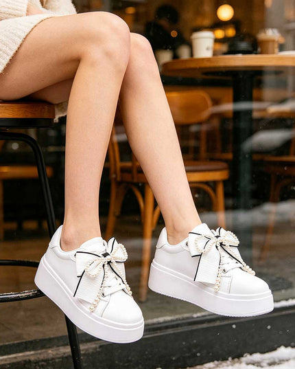 Pantofi Sport De Dama,Din piele Ecologica,Cu Fundita perle,D1367,Alb