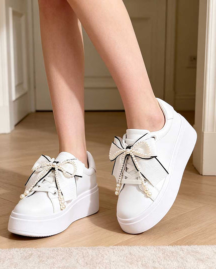 Pantofi Sport De Dama,Din piele Ecologica,Cu Fundita perle,D1367,Alb