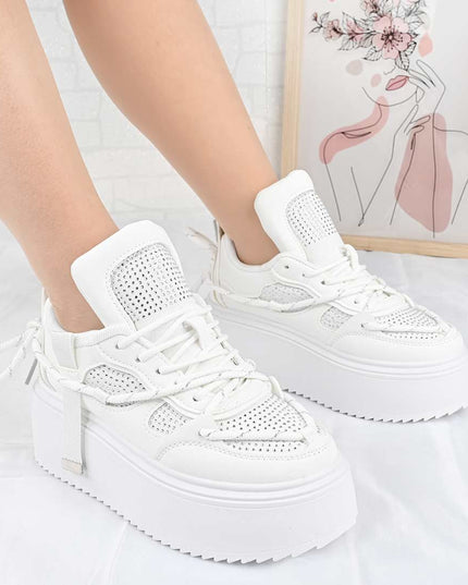 Pantofi Sport De Dama din Piele ecologica cu Strasui, D1500 - Alb