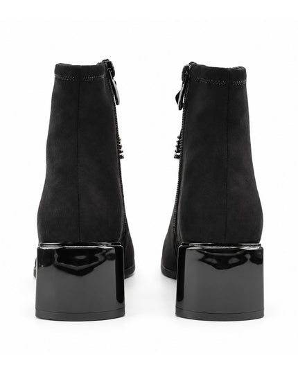 Botine de dama, din piele ecologica întoarsa, cu toc gros, BD1024, Negru