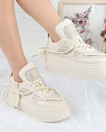 Pantofi Sport De Dama din Piele ecologica cu Strasui, D1500 - Bej
