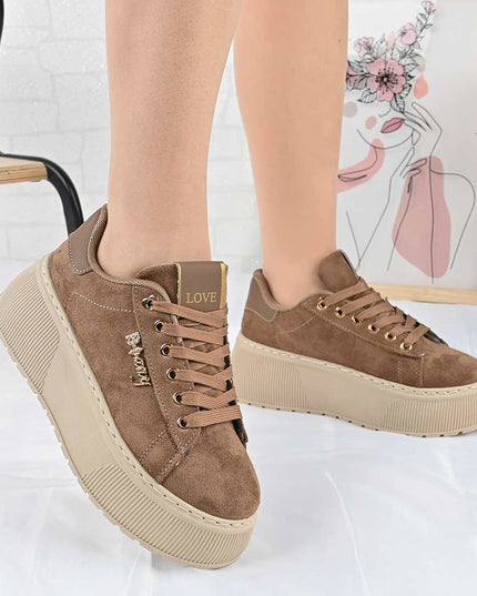 Pantofi Sport De Dama din Piele Ecologica, cu Platforma, D1449 - Maro