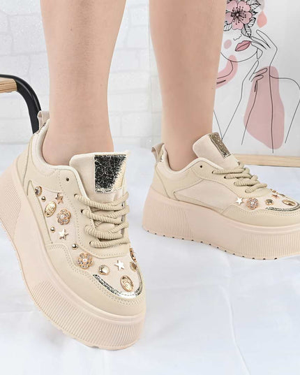 Pantofi Sport De Dama din Piele Ecologica, cu Platforma, D1496 - Bej