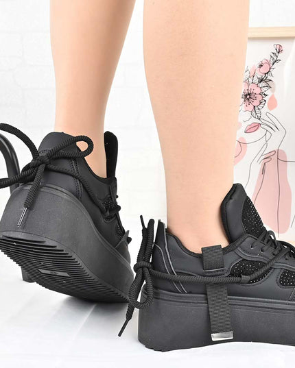 Pantofi Sport De Dama din Piele ecologica cu Strasui, D1500 - Negru