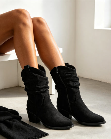 Botine de dama, din piele ecologică întoarsă, cu toc gros, BD1023,Negre