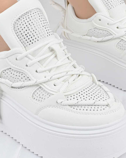 Pantofi Sport De Dama din Piele ecologica cu Strasui, D1500 - Alb
