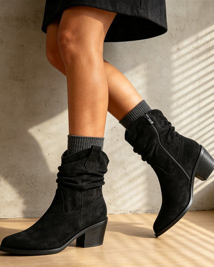 Botine de dama, din piele ecologică întoarsă, cu toc gros, BD1023,Negre