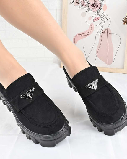 Pantofi casual de dama cu platforma, din piele ecologica intoarsa, P1303 - Negru