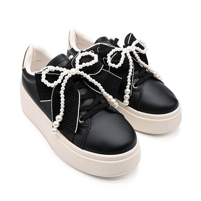 Pantofi Sport De Dama,Din piele Ecologica,Cu Fundita perle,D1367,Negru