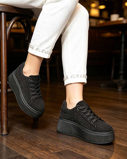 Pantofi Sport De Dama,Cu platforma,Din Piele ecologica intoarsa,D1515,Negru
