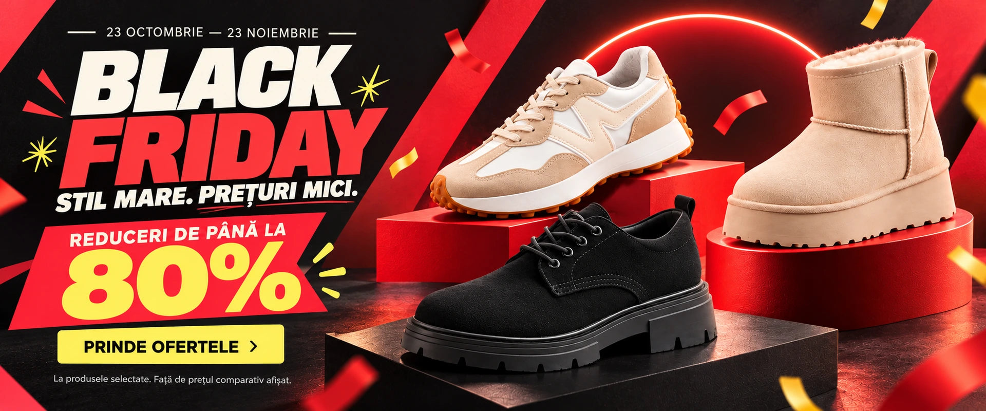 Black Friday, 23 octombrie – 23 noiembrie. Reduceri de până la 80% la produsele selectate, față de prețul comparativ afișat.