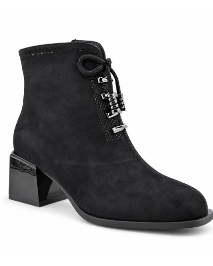Botine de dama, din piele ecologica întoarsa, cu toc gros, BD1024, Negru