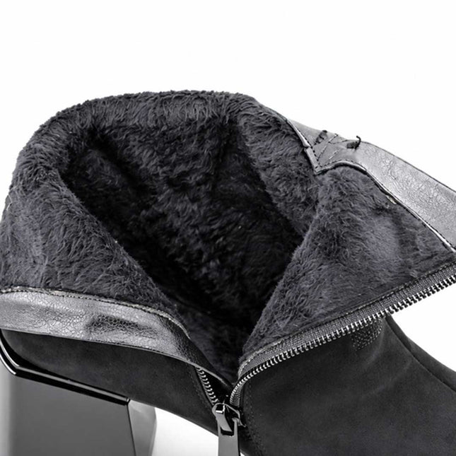 Botine de dama, din piele ecologica întoarsa, cu toc gros, BD1024, Negru