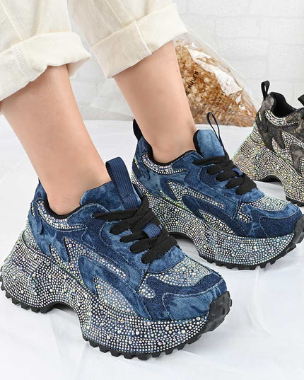 Pantofi Sport De Dama din Piele ecologica cu Strasui, D1463 - Albastru Inchis