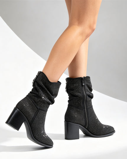 Botine de damă ,cu strasuri și toc gros,BD1021,Negre
