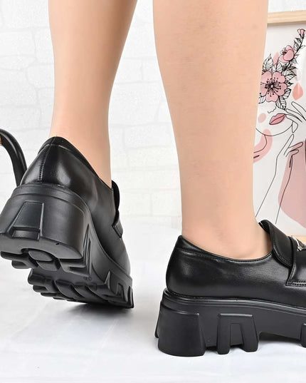 Pantofi casual de dama cu platforma, din piele ecologica, P1302 - Negru