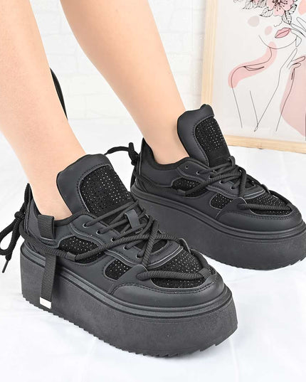 Pantofi Sport De Dama din Piele ecologica cu Strasui, D1500 - Negru