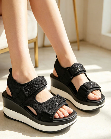 Sandale de Dama cu platforma, din material textil, SA120 - Negru