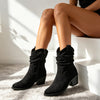 Botine de dama, din piele ecologică întoarsă, cu toc gros, BD1023,Negre