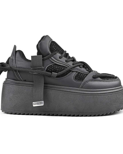Pantofi Sport De Dama din Piele ecologica cu Strasui, D1500 - Negru