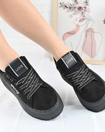 Pantofi Sport De Dama din Piele Ecologica, cu Platforma, D1449 - Negru
