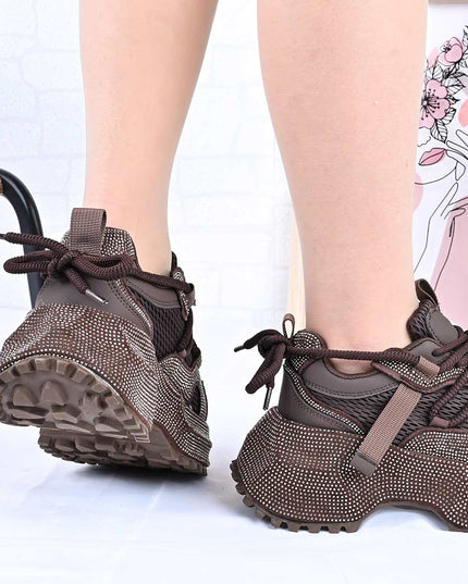 Pantofi Sport De Dama din Piele ecologica cu Strasui, D1462 - Maro