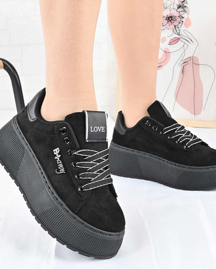 Pantofi Sport De Dama din Piele Ecologica, cu Platforma, D1449 - Negru