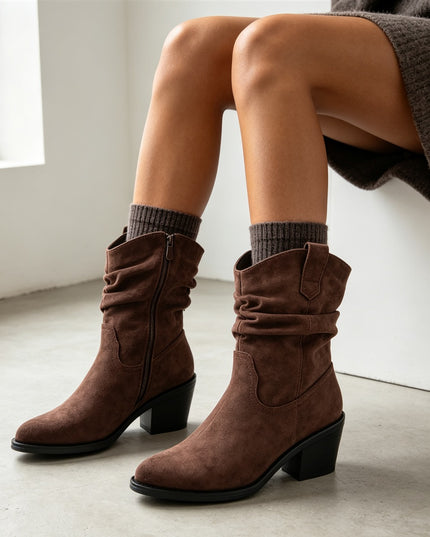 Botine de dama, din piele ecologică întoarsă, cu toc gros, BD1023,Maro