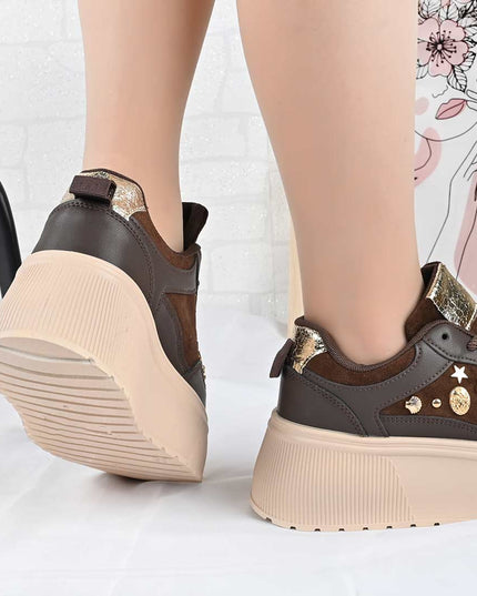 Pantofi Sport De Dama din Piele Ecologica, cu Platforma, D1496 - Maro