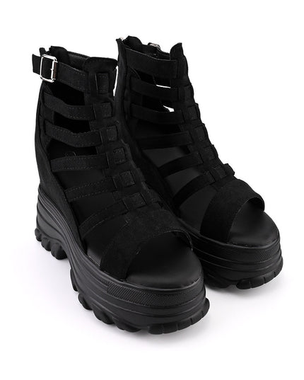Sandale de dama cu platforma, din Piele Ecologica Intoarsa, SA11 - Negru