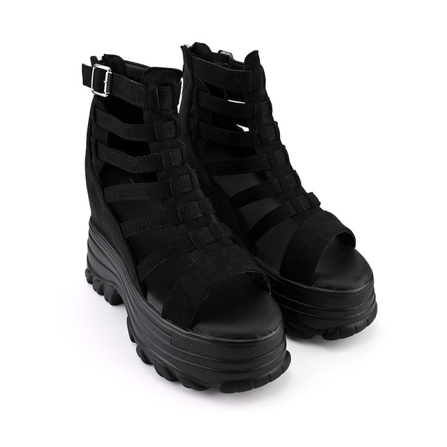 Sandale de dama cu platforma, din Piele Ecologica Intoarsa, SA11 - Negru