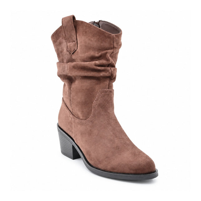 Botine de dama, din piele ecologică întoarsă, cu toc gros, BD1023,Maro