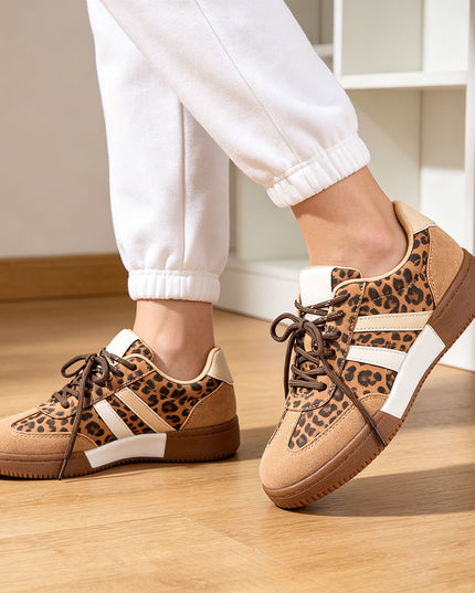 Pantofi sport de dama din piele Ecologica Intoarsa, D1426 - Leopard