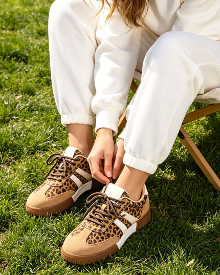 Pantofi sport de dama din piele Ecologica Intoarsa, D1426 - Leopard