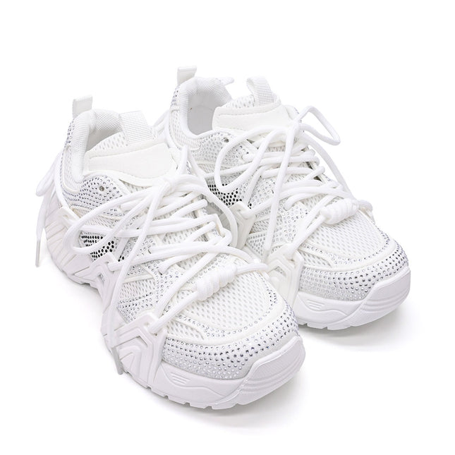 Pantofi Sport De Dama din Piele Ecologica Intoarsa, cu Strasuri, D1408 - Alb