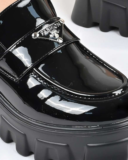 Pantofi casual de dama cu platforma, din piele ecologica, P1302 - Negru lucios