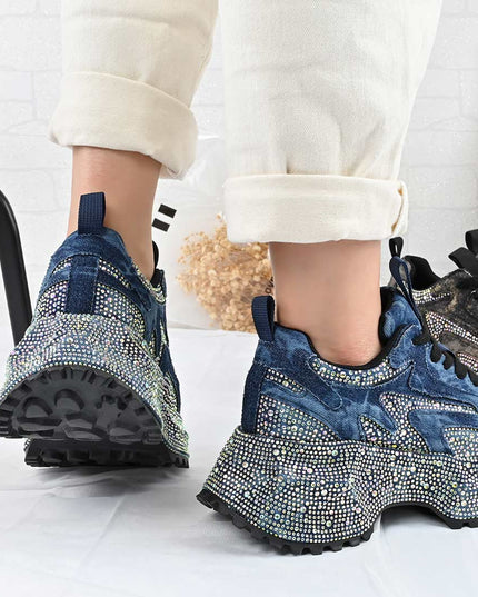 Pantofi Sport De Dama din Piele ecologica cu Strasui, D1463 - Albastru Inchis