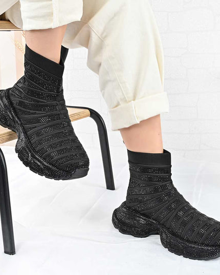 Pantofi Sport Inalti De Dama cu model sosete, D1461 - Negru